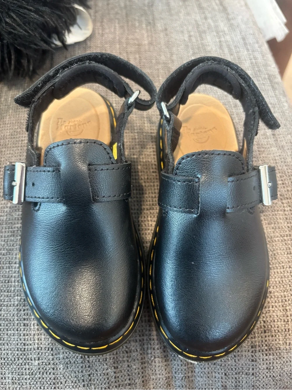 Dr. Martens Kids Black Leather Mary Jane Sandals with Yellow Stitching